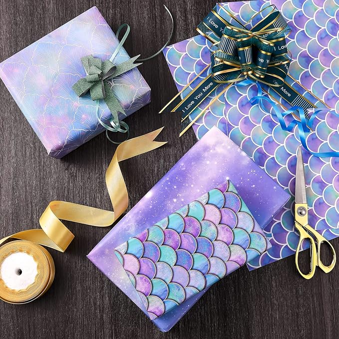 PlandRichW Birthday Wrapping Paper Folded for Girls Kids Baby Women Mermaid Scale Scallop Galaxy 4 Styles of Gift Wrapping Paper for Weddings Graduation Anniversaries 12 Sheets 20 X 29 Inch