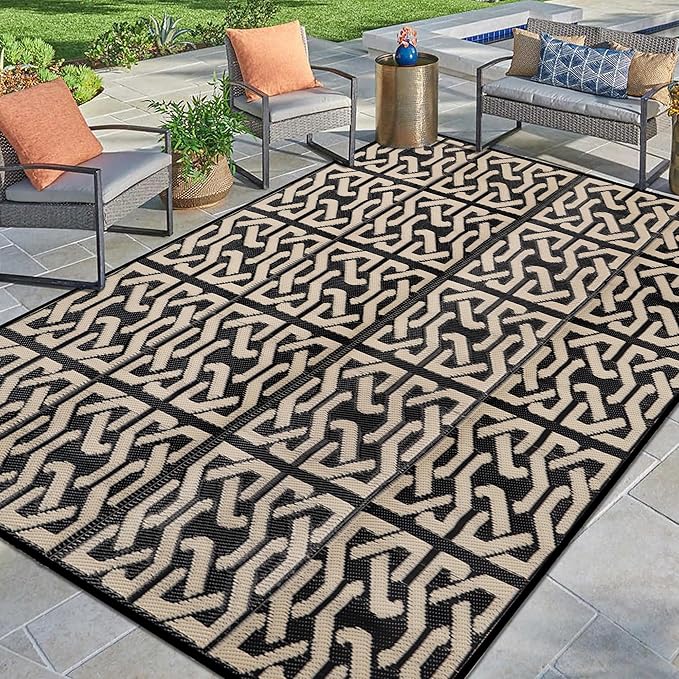 SAND MINE Reversible Mats, Plastic Straw Rug, Modern Area Rug, Large Floor Mat and Rug for Outdoors, RV, Patio, Backyard, Deck, Picnic, Beach, Camping, Trailer, Black & Beige, 9' x 12'