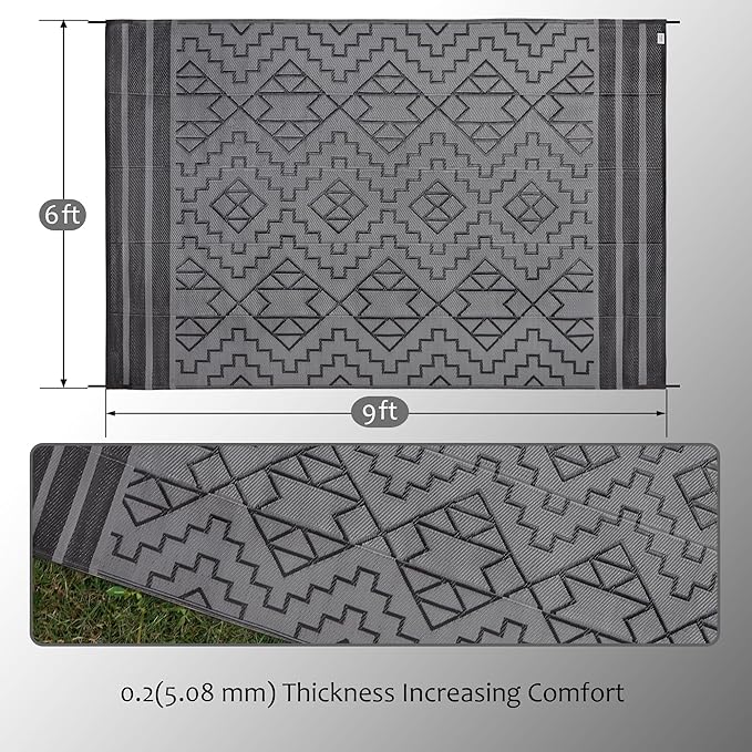 SAND MINE Reversible Mats, Plastic Straw Rug, Modern Area Rug, Large Floor Mat and Rug for Outdoors, RV, Patio, Backyard, Deck, Picnic, Beach, Trailer, Camping (6' x 9', Black & Grey)