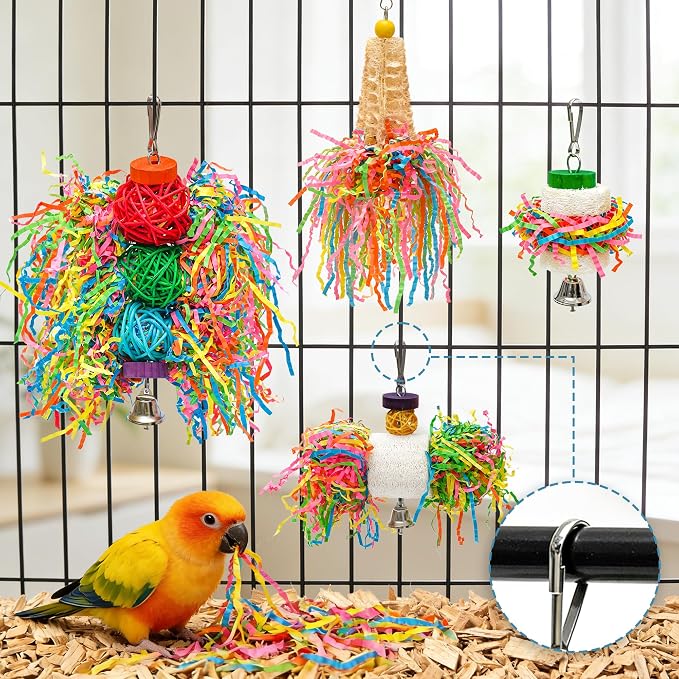 4PCS Bird Parrot Foraging Toys Parakeet Chewing Hanging Toy Shredded Paper Cage Accessories for Small Parrots Parakeets Conures Cockatiels Love Birds Cage Toy (4Pack)