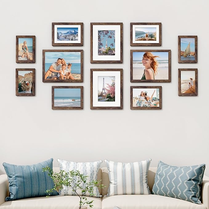 Vittanly 12 Pack Picture Frames Collage Wall Decor for Mounting or Tabletop Display, Gallery Wall Frame Set for Family, Multi Sizes Including 4pcs 8x10, 4pcs 5x7, 4pcs 4x6, Brown