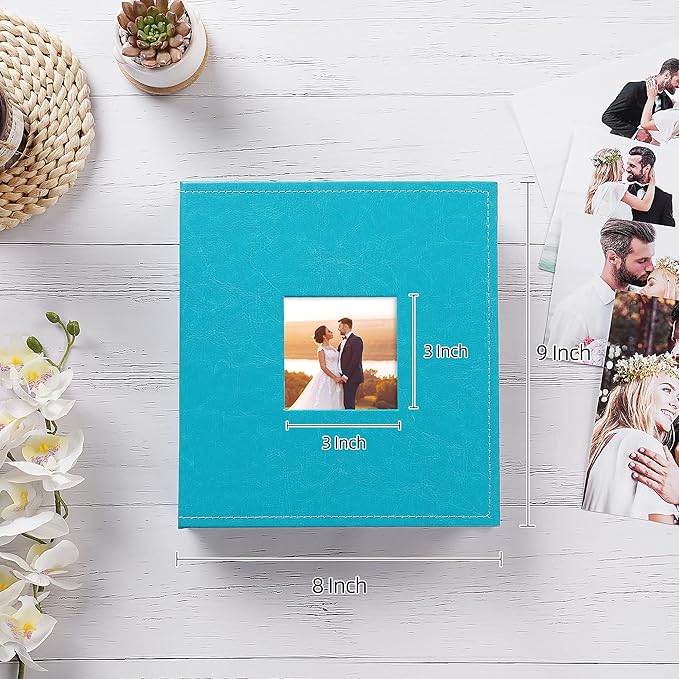 potricher Small Photo Album 4x6 200 Photos Leather Cover Picture Book with 200 Horizontal Pockets for Family Wedding Anniversary and Baby (Blue)