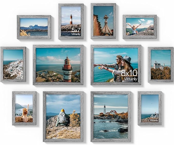 Vittanly 12 Pack Picture Frames Collage Wall Decor for Mounting or Tabletop Display, Gallery Wall Frame Set for Family, Multi Sizes Including 4pcs 8x10, 4pcs 5x7, 4pcs 4x6, Grey
