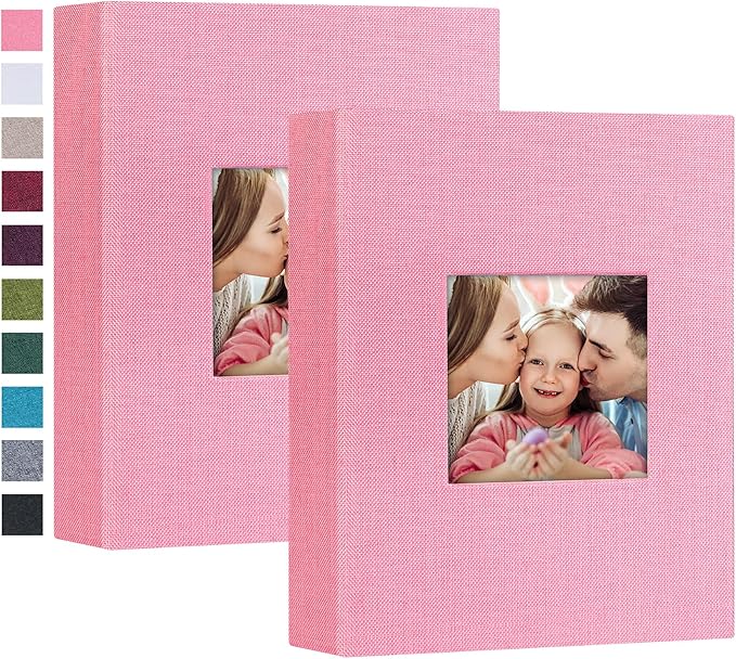 Mublalbum 2 Pack Small 4x6 Photo Album Linen Cover with Display Window Mini Picture Book Each Holds 52 Vertical Pockets for Artwork Postcards or Pictures Storage (Pink)