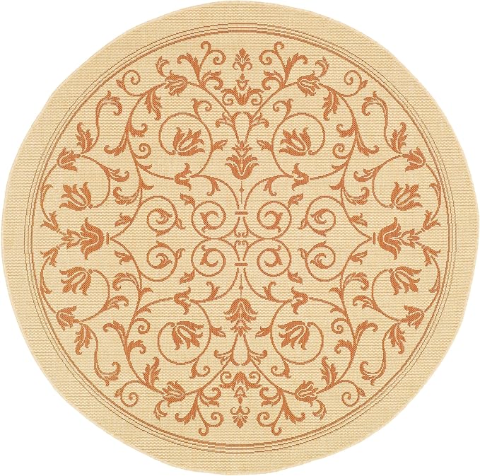 SAFAVIEH Washable Rug Outdoor Courtyard Collection - 6'7" Round, Natural & Terracotta, Non-Shedding & Easy Cleaning, Ideal for Patio, Backyard, Mudroom (CY2098-3201)