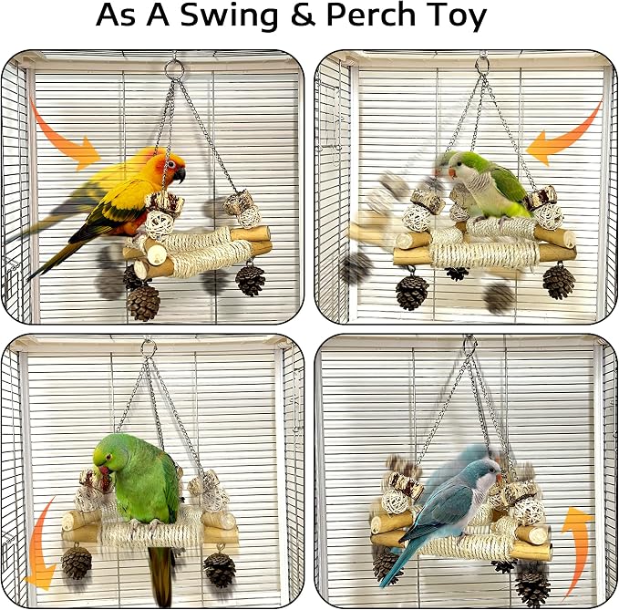 Bird Swing for Cage with Chew Toys, 3 Stable Sisal-Wrapped Perches(L) | Large Stable Triangle Design Perch Swing, Wooden Hanging Quaker Toy for Medium-Sized Bird Ring-Necked Caique Balance Training