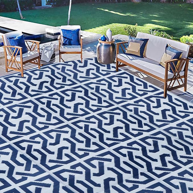 SAND MINE Reversible Mats, Plastic Straw Rug, Modern Area Rug, Large Floor Mat Rug for Outdoors, RV, Patio, Backyard, Deck, Picnic, Beach, Trailer, Camping, Dark Blue & White, 9' x 18'