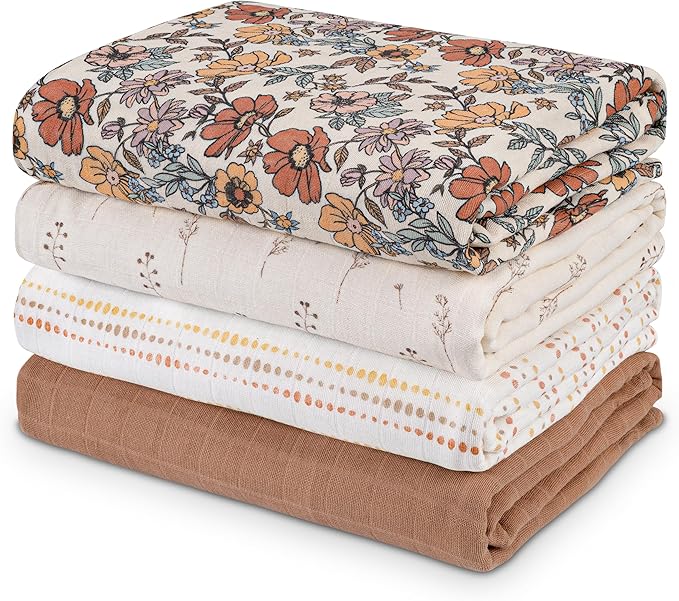 Muslin Swaddle Blankets for Newborn, 4 Pack Organic Cotton Baby Blanket, Large 31.5 x 43.3 inch Breathable Soft Receiving Blanket, Essentials Swaddle Wrap Burping Clothes, Vintage Flowers