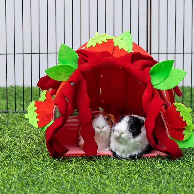 Guinea Pig Hideout, Soft Fleece Strawberry Pet Bed & Tunnel House | Cute Small Animal Bedding Cage Accessories Indoor Also for Hedgehog, Chinchilla, Hamster Sleeping