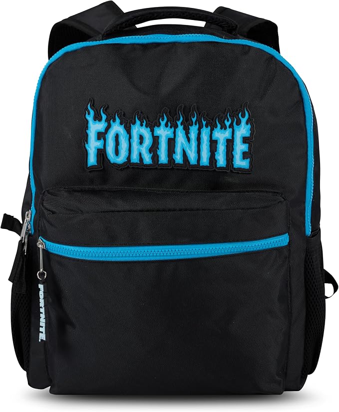 Fortnite Backpack for Kids & Adults, 16” Bookbag with Fortnite Rubber Molded Flame Logo 3D Patch & Rubber Logo Dangle, Black