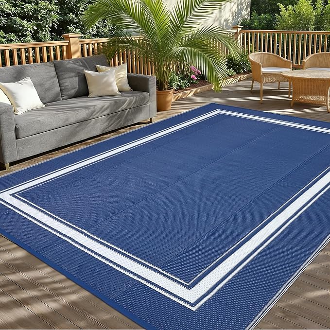 Outdoor Rug 9x18 Waterproof Reversible Mat All Weather Outdoor Plastic Straw Rus Carpet UV Resistant Modern Bordered RV Mat Carpet for Patio Deck Balcony Pool Picnic Blue/White