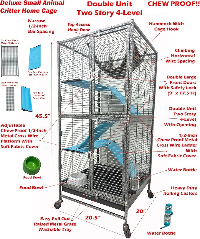 Two Full Story Deluxe Double Unit 4-Tier Chew-Proof Tight 1/2-Inch Bar Spacing Double Durable Front Doors Feisty Ferret Hammock Squirrel Chinchilla Rat Hamster Gerbil Small Animal Critter Rolling Cage