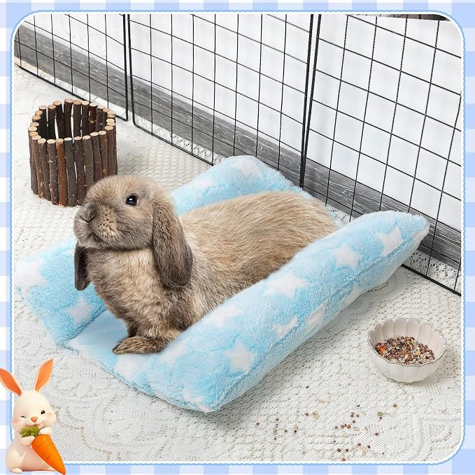 MEWTOGO 15.7" x 14" Bunny Bed for Rabbit Cage, Thickened & Soft | Prevent Sore Hocks Plush Mat with Cotton Lounger Pillows, Small Animal Flop Mat for Hutch Sleeping Indoor, Light Blue-Star