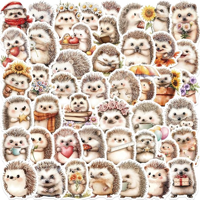 50Pcs Hedgehog Sticker, Cute Animal Stickers for Kids Teens Adults, Vinyl Cartoon Animals Decals Kawaii Hedgehogs Sticker for Decor Water Bottles Laptops Guitar Scrapbook (Hedgehog)