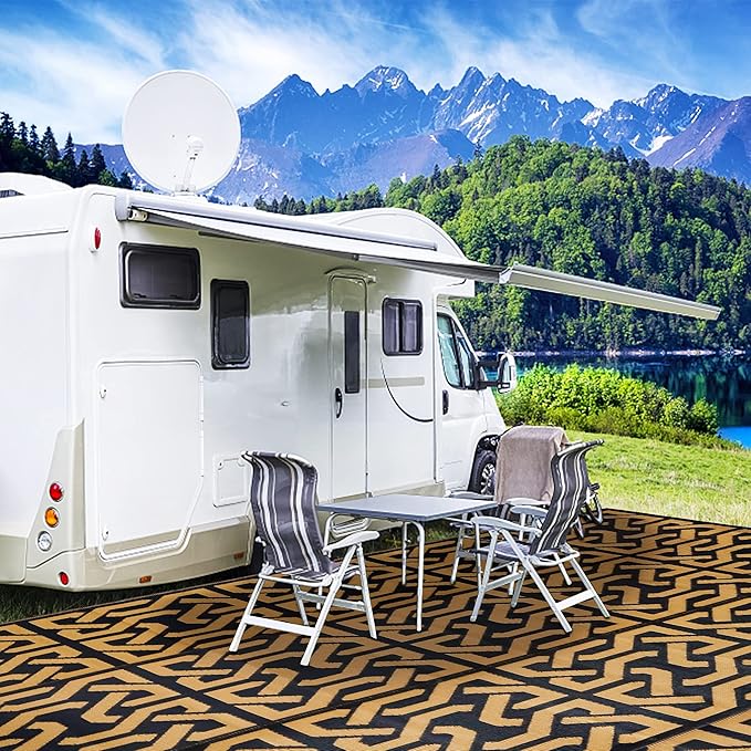 SAND MINE Reversible Mats, Plastic Straw Rug, Modern Area Rug, Large Floor Mat and Rug for Outdoors, RV, Patio, Backyard, Deck, Picnic, Beach, Camping, Trailer, Black & Brown, 9' x 12'