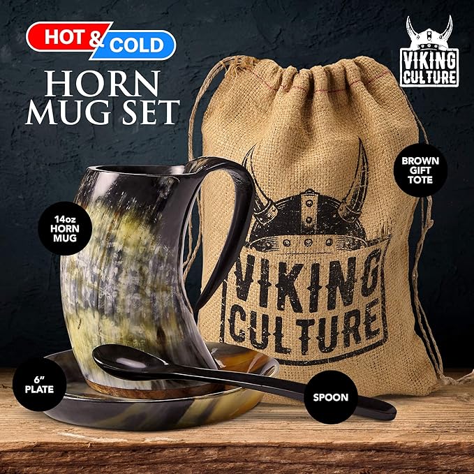Viking Culture Coffee Horn Mug with Spoon, Plate and Bag, 3 Pc Set, Horned Handle with Rustic Natural Finish, Safely Holds Hot and Cold Tea, Cocoa, Wine, Beer or Mead