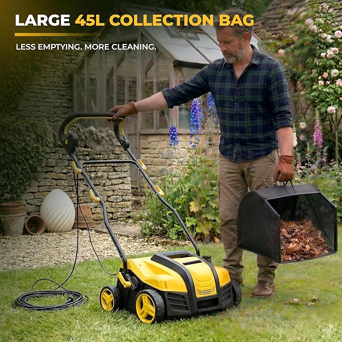 Electric Artificial Turf Sweeper 16” Artificial Grass Sweeper Vacuum with 45L Collection Bag 5 Height Adjustment Foldable Turf Power Broom for Artificial Grass Cleaning