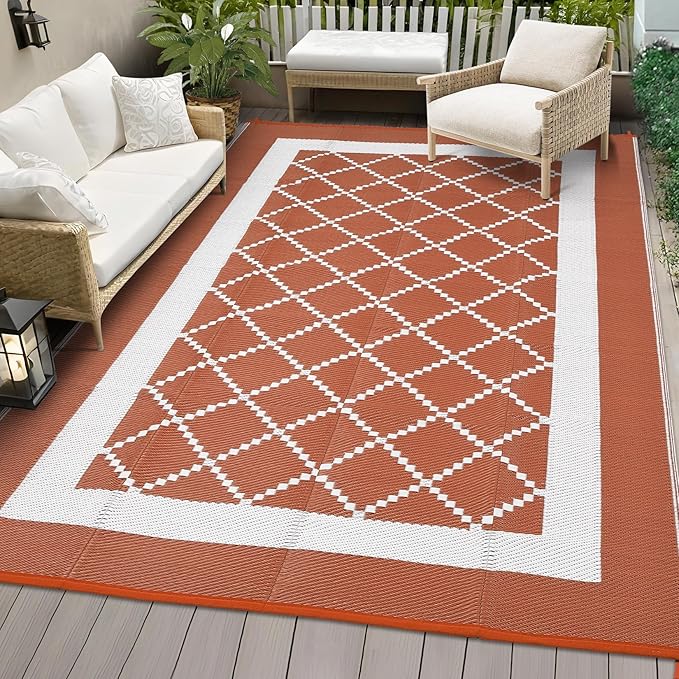 Outdoor Patio Rug 9x18 Waterproof Plastic Reversible Rug Modern UV Resistant Foldable Camping Mat Contemporary Geometric Outdoor Floor Mat for RV Backyard Deck Orange/White