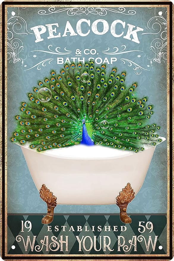 Funny Peacock Decor Vintage Bathroom and Bathtub Metal Tin Sign Bear Pet Lovers Gift Farm Home Bar Man Cave Retro Wall Art Poster Accessories 8x12 in