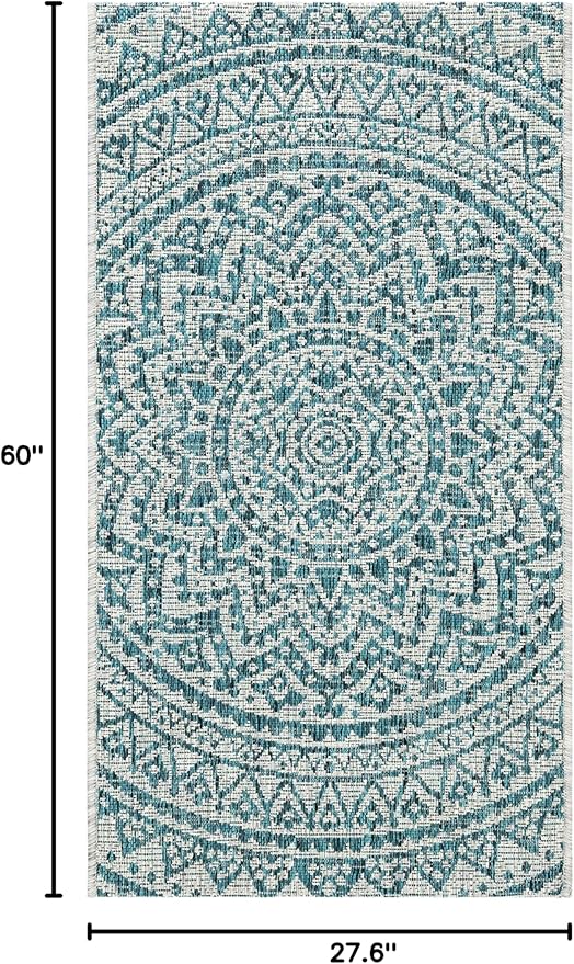 SAFAVIEH Washable Rug Outdoor Courtyard Collection - 2'3" x 5', Light Grey & Teal, Non-Shedding & Easy Cleaning, Ideal for Patio, Front Door, Entryway, Mudroom, Doormat (CY8734-37212)