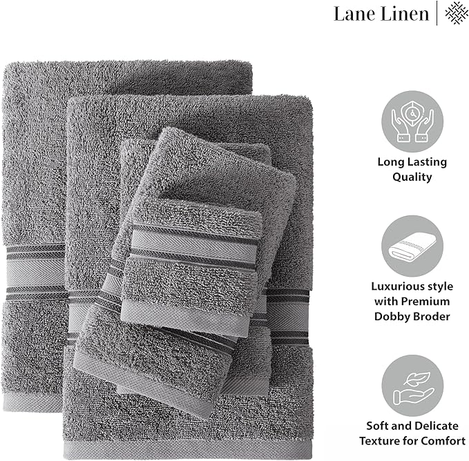 LANE LINEN Towel Set of 12 – 100% Ring-Spun Cotton, Zero Twist, 4 Large Bath Towel, 4 Hand Towels & 4 Wash Cloths, Quick Dry & Long-Lasting, Perfect for Family Bathrooms, Easy Care – Cool Grey
