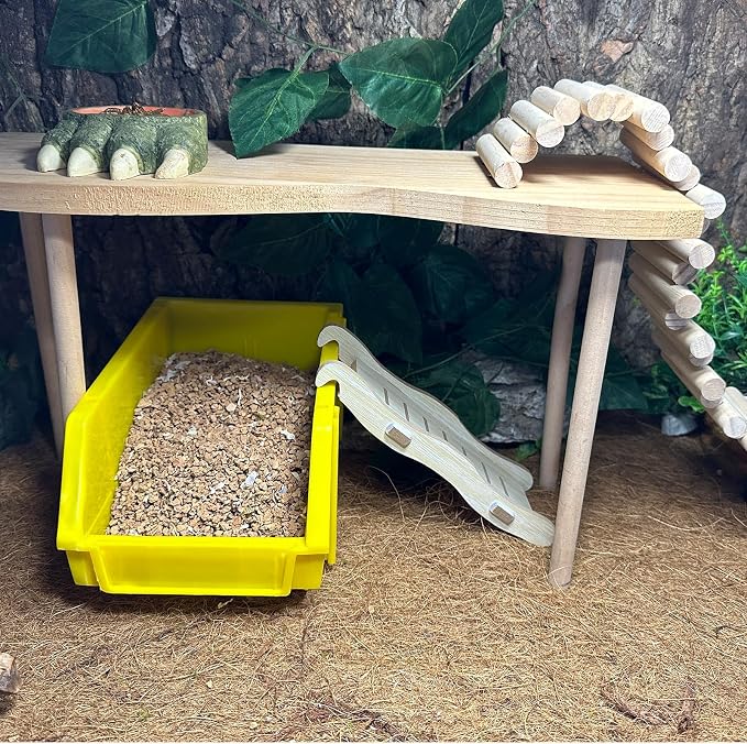 Reptile Digging Box Plastic Leopard Gecko Burrowing Habitat Hide Box with Wooden Ladder Compatible with Terrariums Tailored for Juvenile Bearded Dragons and Snake in Compact Setups (Yellow)