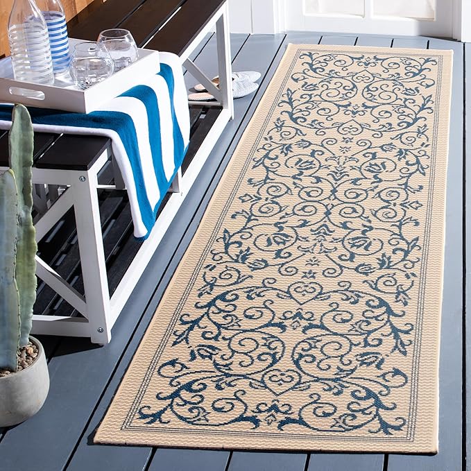 SAFAVIEH Washable Rug Outdoor Courtyard Collection - 2'3" x 8' Runner, Natural & Blue, Non-Shedding & Easy Cleaning, Ideal for Patio, Entryway, Mudroom, Hallway, Kitchen (CY2098-3101)