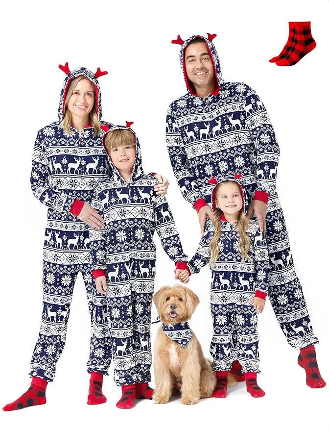 PATPAT Matching Family Christmas Onesie Pajamas – Holiday Hooded Jumpsuit Sleepwear PJs Couples Xmas Loungewear with Socks