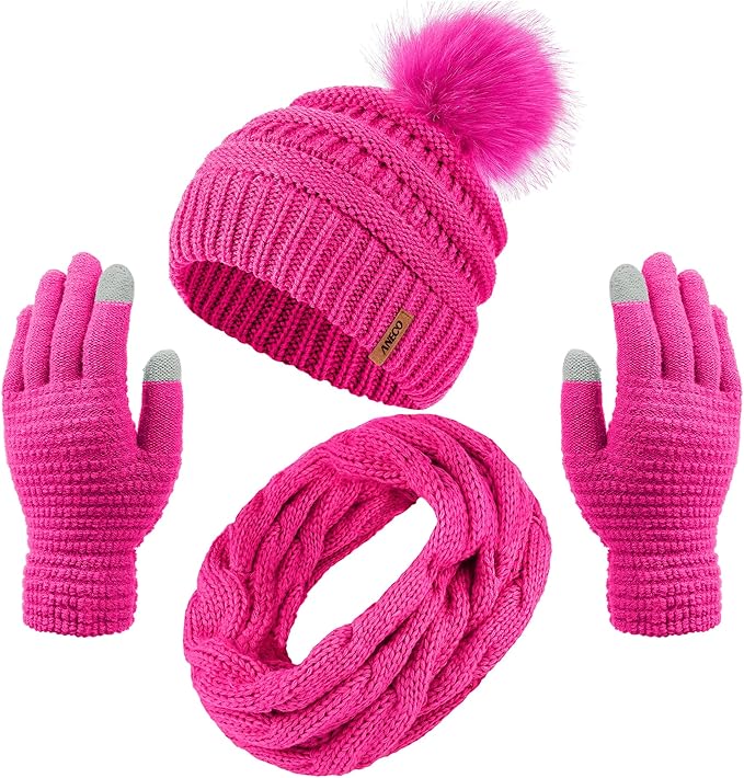 Aneco Womens Winter Warm Sets Knitted Fur Pompoms Beanie Hat Circle Loop Scarf Touch Screen Gloves Winter Favor Accessories