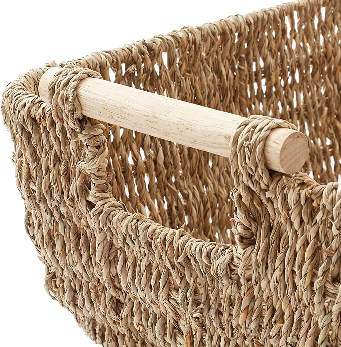Casafield Set of 2 Seagrass Oval Storage Baskets with Wooden Handles - Medium, Woven Bin Organizers