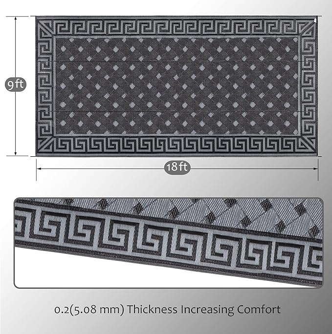 SAND MINE Reversible Mats, Plastic Straw Rug, Modern Area Rug, Large Floor Mat and Rug for Outdoors, RV, Patio, Backyard, Deck, Picnic, Beach, Trailer, Camping (9' x 18', Black & Grey)