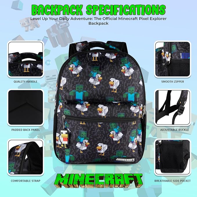 AI ACCESSORY INNOVATIONS Minecraft Chicken Jockey Boys & Girls Backpack, 16” Bookbag w/Molded Chicken Rubber Dangle