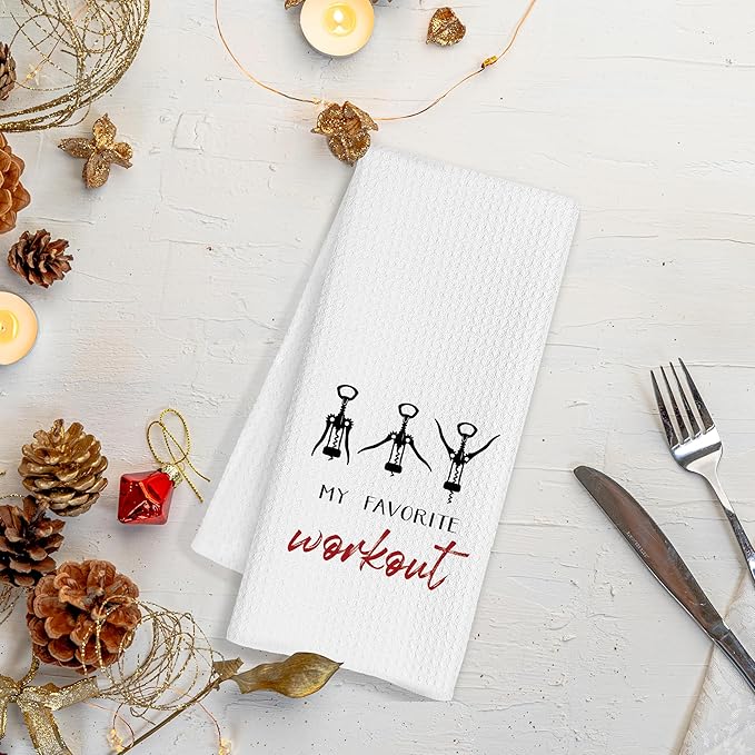 Funny Wine Kitchen Towels, Funny Hand Dish Tea Towels for Home Kitchen Bar Cart Decor, Bar Towel Gifts for Bartenders, My Favorite Workout, 16x24 Inch