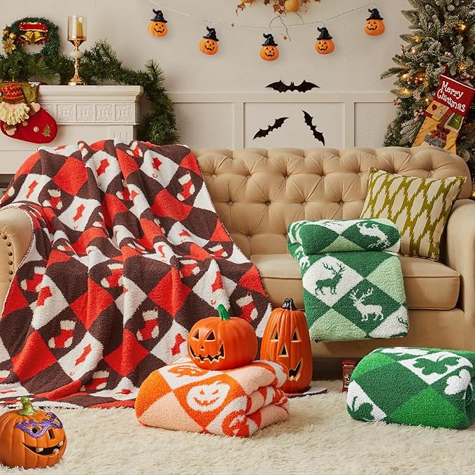 CYMULA Halloween Knit Throw Blanket - Pumpkin Blanket for Couch, Soft Cozy Lightweight Fluffy Blanket for Fall Decor, 60"x80"