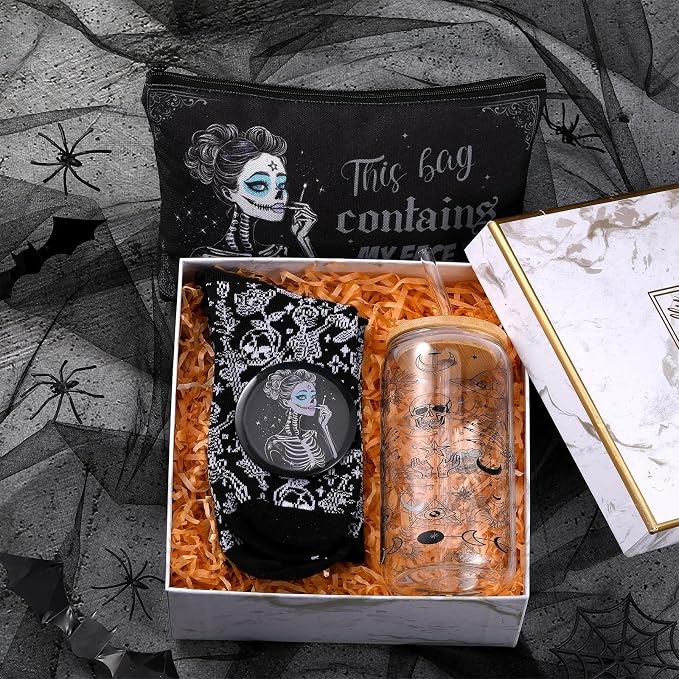 Kacctyen 5 Pcs Christmas Spooky Gifts for Women Witchy Gothic Gifts Stuff 16 oz Skeleton Glass Cups with Lids Straws Goth Makeup Bag Pocket Mirror Sock Goth Theme Box for Birthday Party Favors Friends