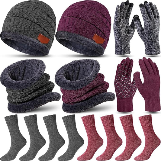 10 Pieces Winter Hat Beanie Scarf Touch Screen Gloves and Sock Set Slouchy Knit Skull Cap Beanies Fleece Lining Neck Warmer