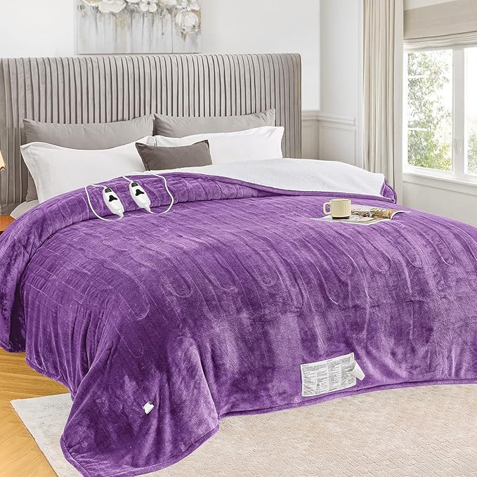 greenoak Heated Blanket Electric King Size 100"X90" Dual Control, Heating Blankets with 10 Levels 8 Hours Auto-Off, Soft Sherpa Fluffy House Warming Gifts for Grandma Seniors Momt,Wisteria