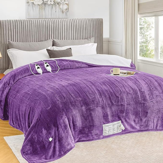 greenoak Heated Blanket Electric Queen Size 84"X90" Dual Control, Heating Blankets with 10 Levels 8 Hours Auto-Off, Soft Sherpa Fluffy House Warming Gifts for Grandma Seniors Momt,Wisteria