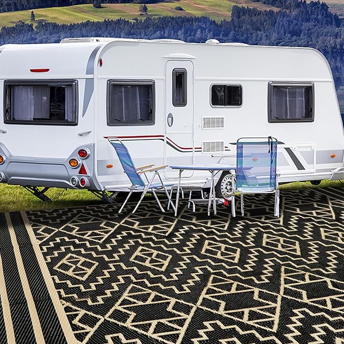 SAND MINE Reversible Mats, Plastic Straw Rug, Modern Area Rug, Large Floor Mat and Rug for Outdoors, RV, Patio, Backyard, Deck, Picnic, Beach, Trailer, Camping (9' x 18', Black & Beige)