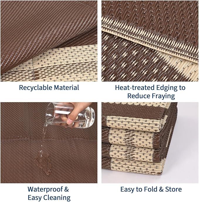 Patio Modern Border Outdoor Rug 10x14 Waterproof Large Reversible Camping Mat Foldable Lightweight Plastic Straw Outdoor Rug for Deck, Picnic, Porch, Camper, Balcony, Beach, Rv，Brown