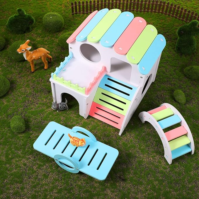 Skylety 3 Pieces Fun Hamster Guinea Pig Hideout Kit, Large, Rainbow Color | Include PVC Hamster House, Rainbow Bridge, Seesaw DIY Exercise Playhouse for Rats Mouse Small Animals