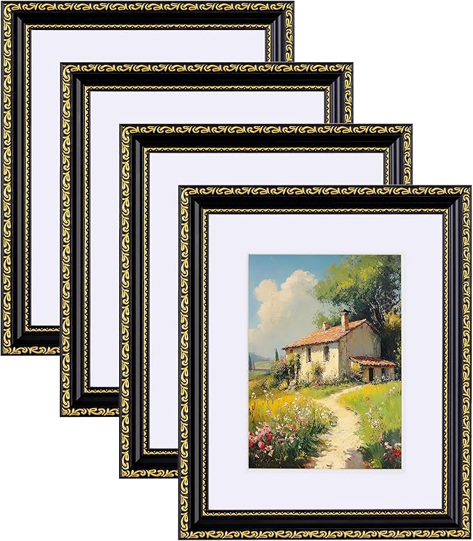 eletecpro 8x10 Picture Frames Set of 4, Vintage Photo Frame with Glass, Frames 8 x 10 Display 5x7 Photo with Mat or 8x10 without Mat for Tabletop or Wall Decor, Black Gold