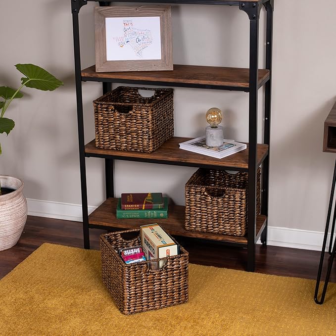 BIRDROCK HOME Storage Shelf Organizer Baskets with Handles - Handwoven Abaca Seagrass Wicker Basket for Pantry, Living Room, Office & Bathroom, Versatile Under Shelf Storage - Set of 3, Brown Wash
