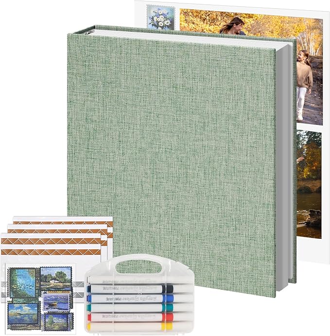 Vienrose Photo Album Scrapbook, 3 Ring 8" x 10" Linen Cover Kraft Paper Memory Book with 50 Sheets 100 Pages, Scrapbook Set for Wedding, Anniversary, Family, Travel, Sage Green