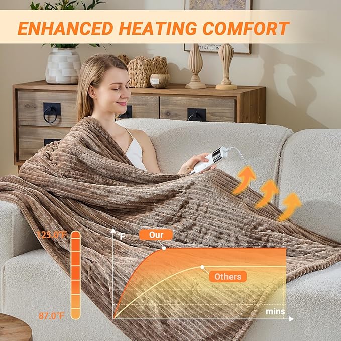 Heated Blanket Electric Queen, Soft Flannel Heating Blanket with 8 Hours Auto Off 10 Fast Heating Levels Machine Washable Sherpa Heated Blanket with Overheating Protection