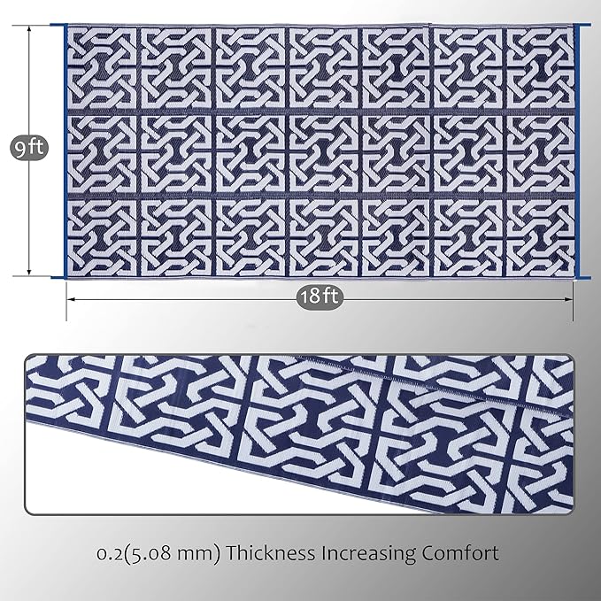 SAND MINE Reversible Mats, Plastic Straw Rug, Modern Area Rug, Large Floor Mat Rug for Outdoors, RV, Patio, Backyard, Deck, Picnic, Beach, Trailer, Camping, Dark Blue & White, 9' x 18'