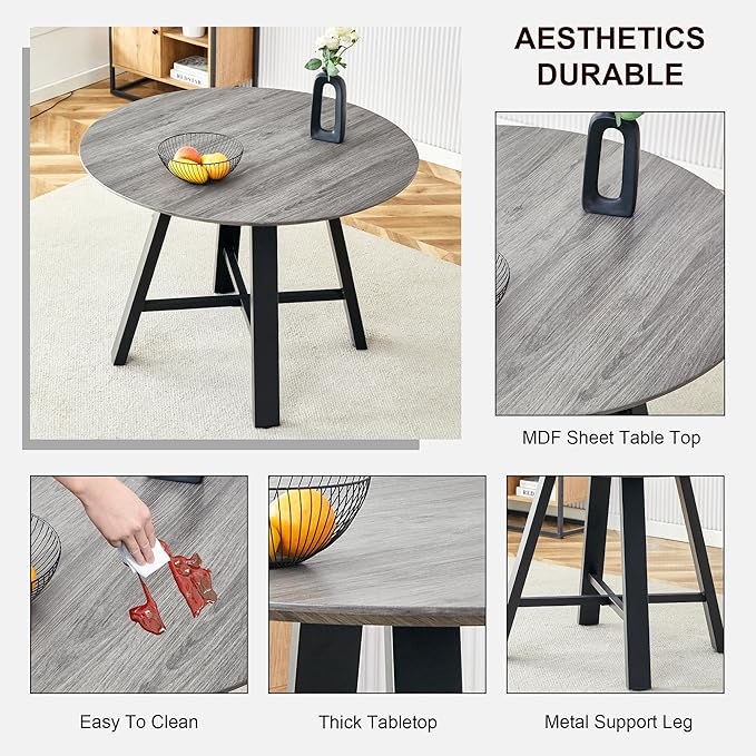 Modern Round Dining Table & Chairs Set for 4, 42" Wood Table with Upholstered PU Leather Chairs for Small Spaces