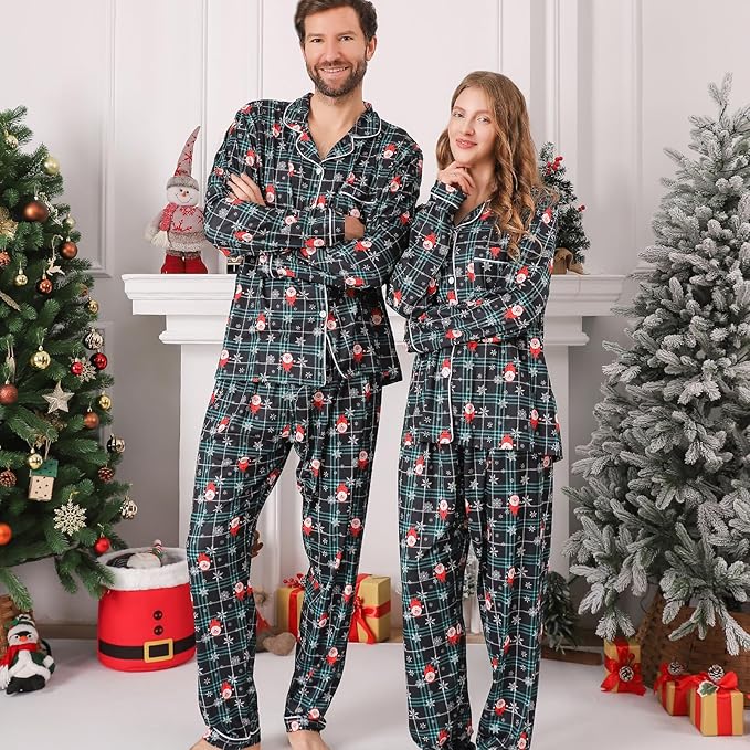 ANGELGGH Family Christmas PJs Matching Sets 2 Pcs Festival Party Pajamas Holiday Warm Sleepwear Couples Button Loungewear