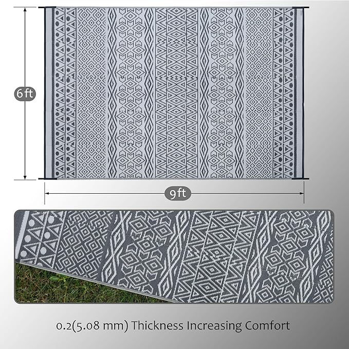 SAND MINE Reversible Mat, Indoor Outdoor Rug Carpet, Reversible Patio Rug, RV Camping Rug, Plastic Straw Rug, Large Floor Mat for RV, Patio, Backyard, Deck, Picnic, Camping, Grey & White, 6' x 9'