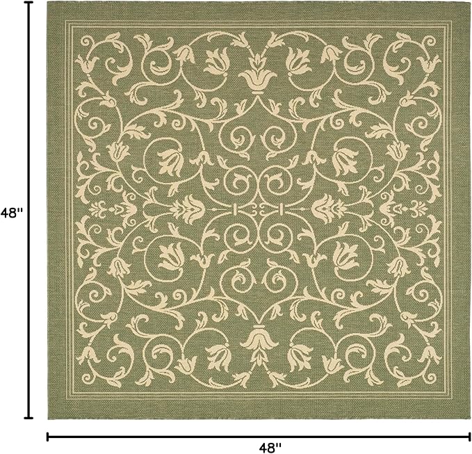 SAFAVIEH Washable Rug Outdoor Courtyard Collection - 4' Square, Olive & Natural, Non-Shedding & Easy Cleaning, Ideal for Patio, Backyard, Mudroom (CY2098-1E06)